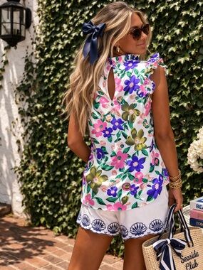 THML Multicolor Floral Ruffle Trim Top, XS